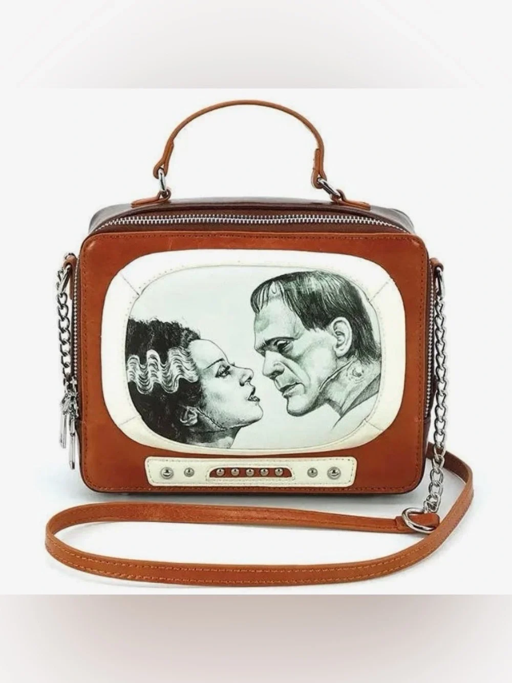 Brown and White Frankenstein TV Graphic Crossbody Bag